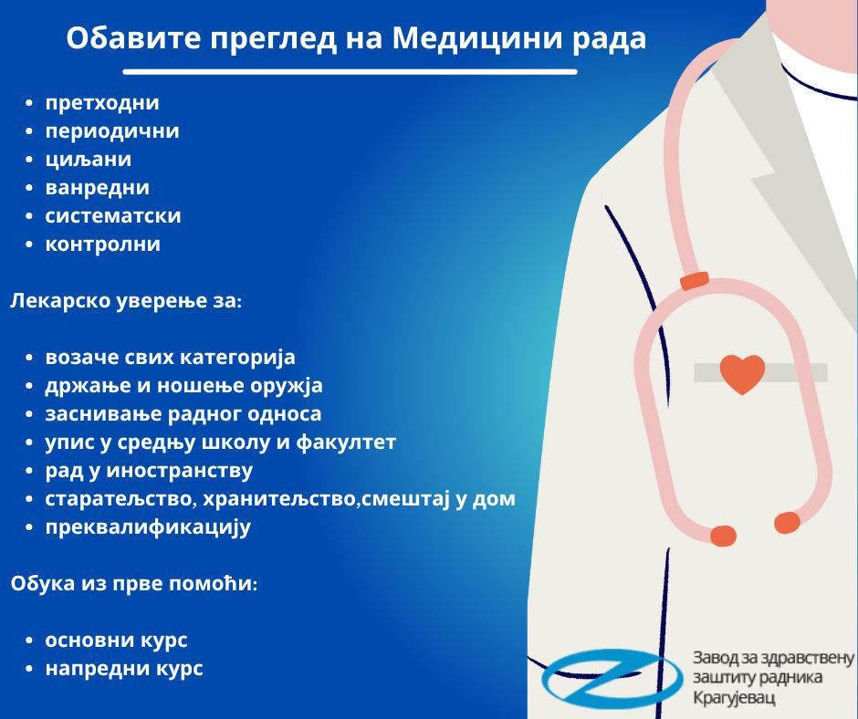 Обавите преглед на Медицини рада Застава Завода за здравствену заштиту радника Крагујевац
